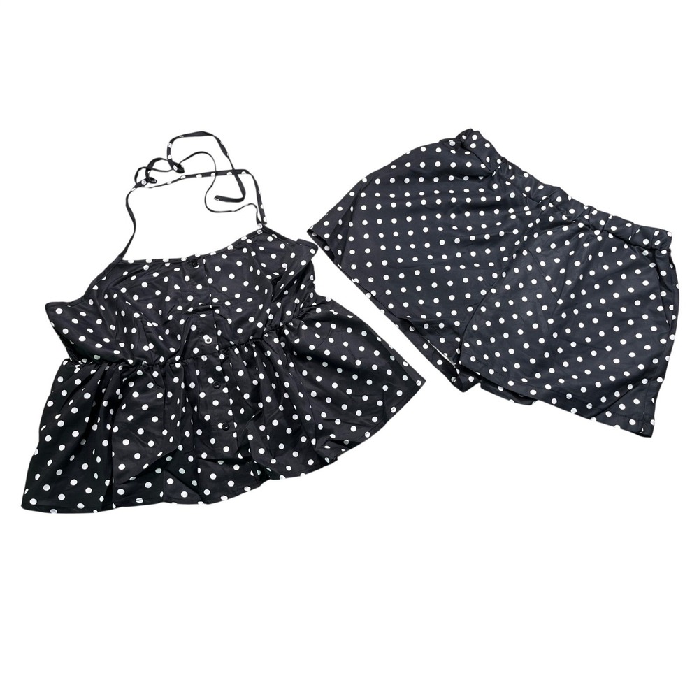 2 Piece Polka‎ Dot Halter Top & Shorts Set Women's 2XL Black White Retro